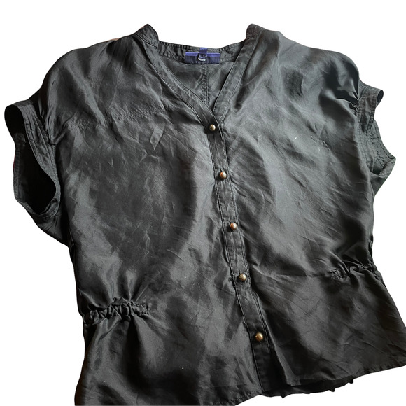 Vivienne Tam Black Silk Pearl Button Short Sleeve Dress Top Puff Sleeves Size XS - Picture 1 of 6